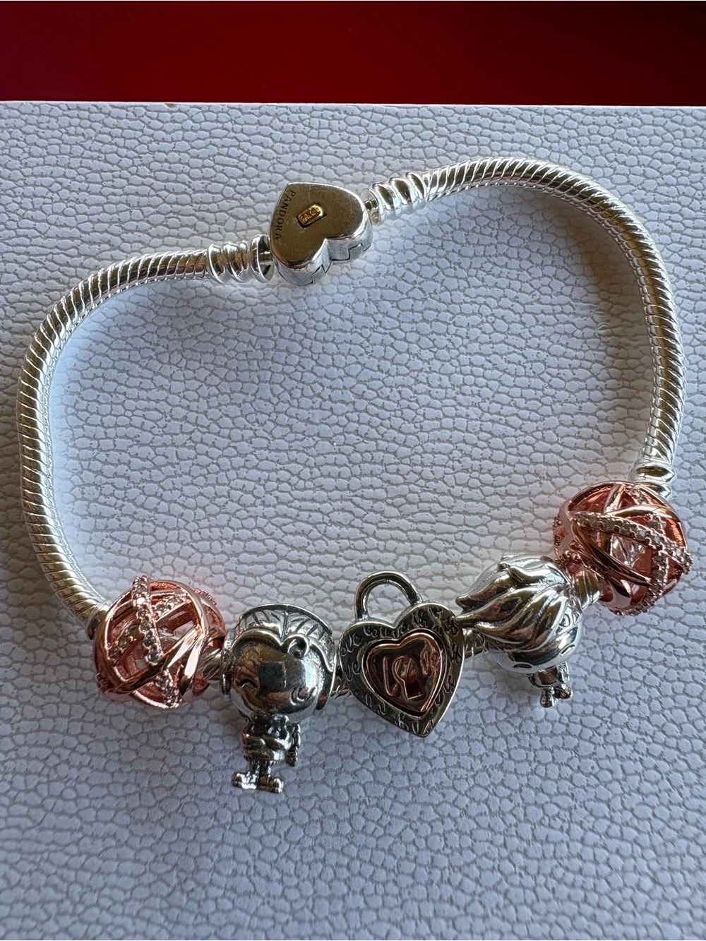 Pandora Two-Tone Heart & Rose Charm Bracelet in Pink and Silver - Picture 4 of 9
